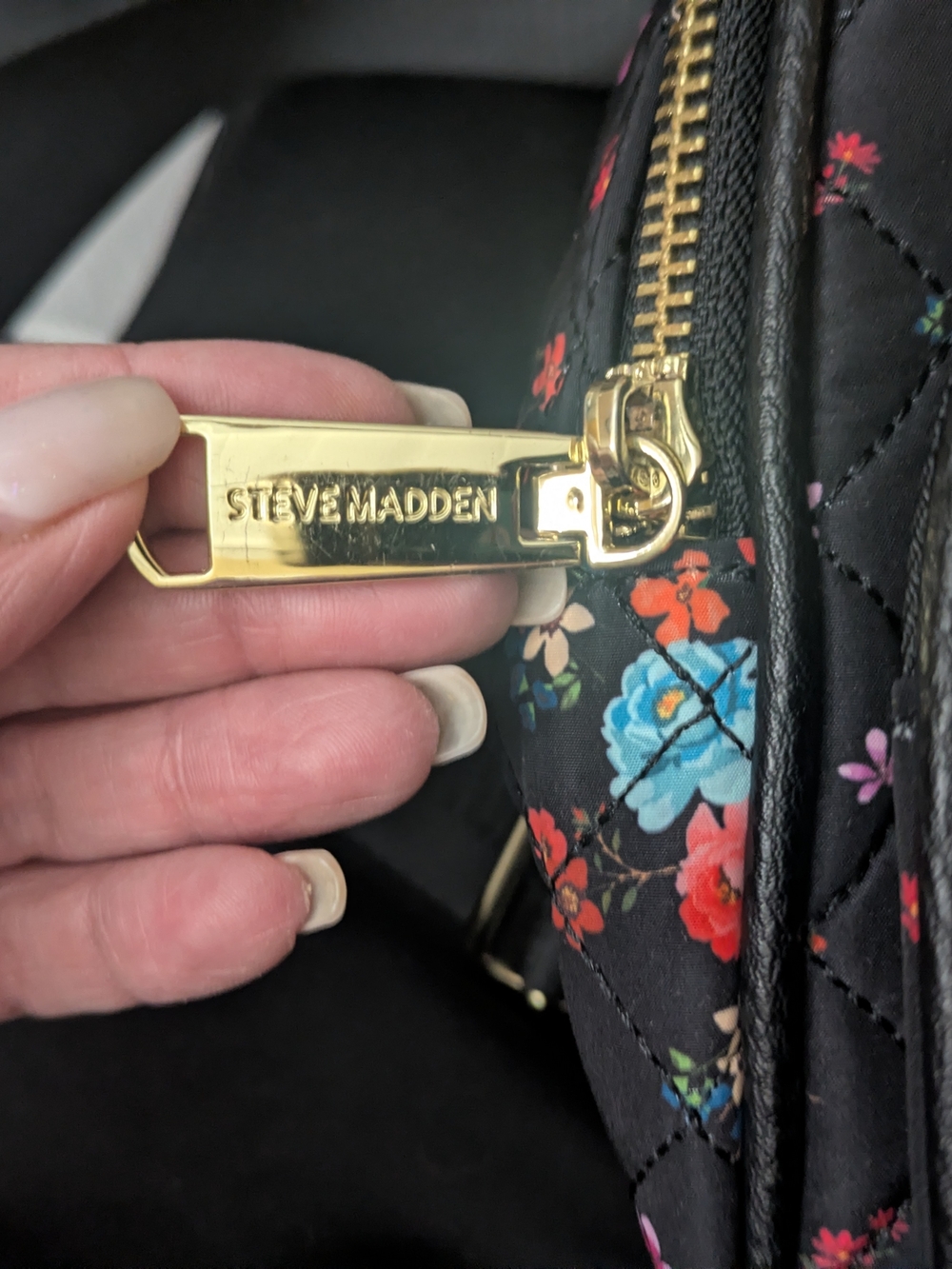 Steve Madden Black Quilted Floral Shoulder Bag with Gold Hardware